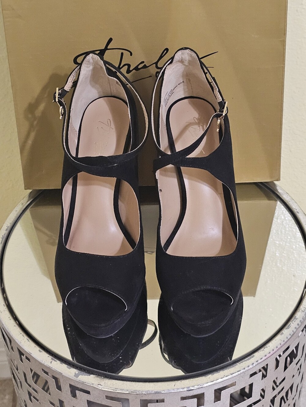 Thalia Sodi Black Suede Peep-Toe Mary Jane Heels
